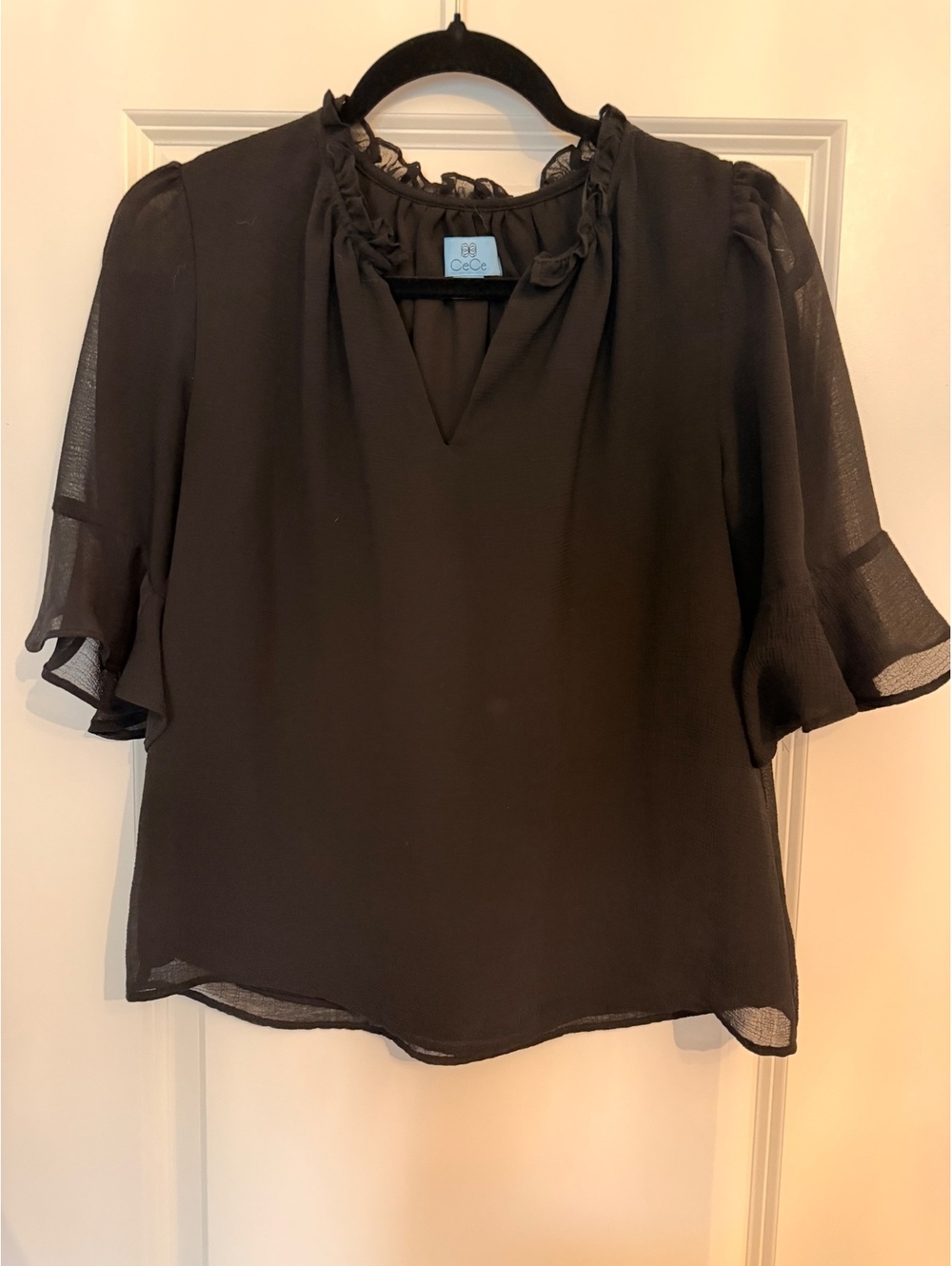 CeCe Black Sheer Ruffle Neck Blouse Size Small